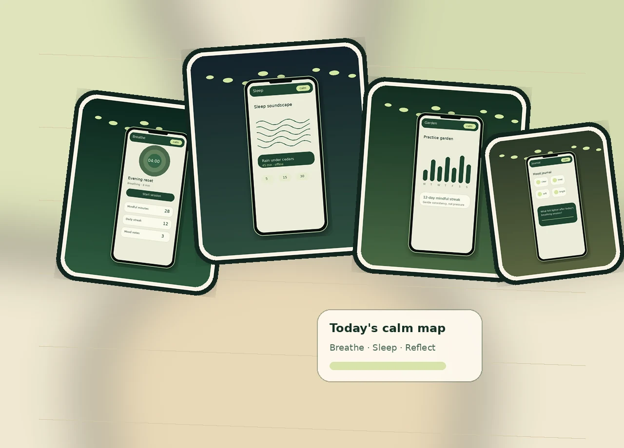 Mellow Forest mobile app screens displayed as a calm map with breathing, sleep and reflection views.