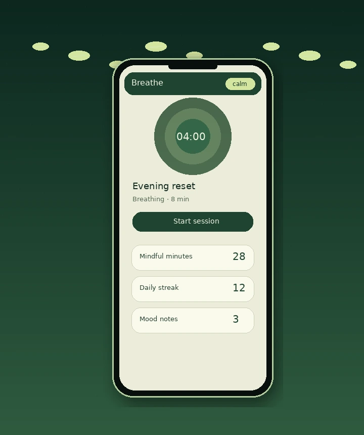 Mellow Forest breathing session screen with a visual timer and calm session controls.