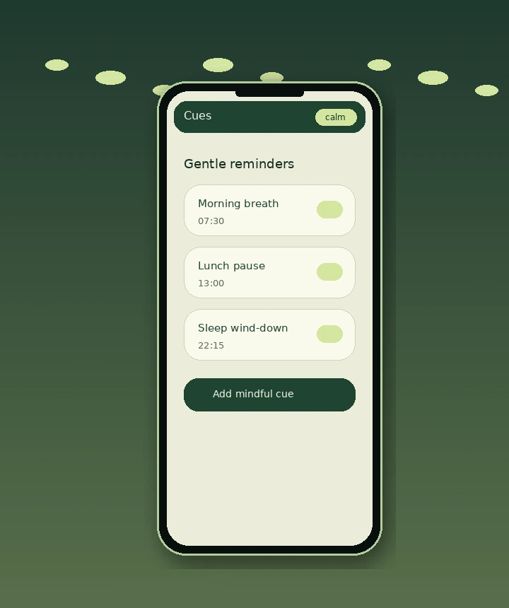 Mellow Forest gentle reminder screen for setting mindful practice notifications.