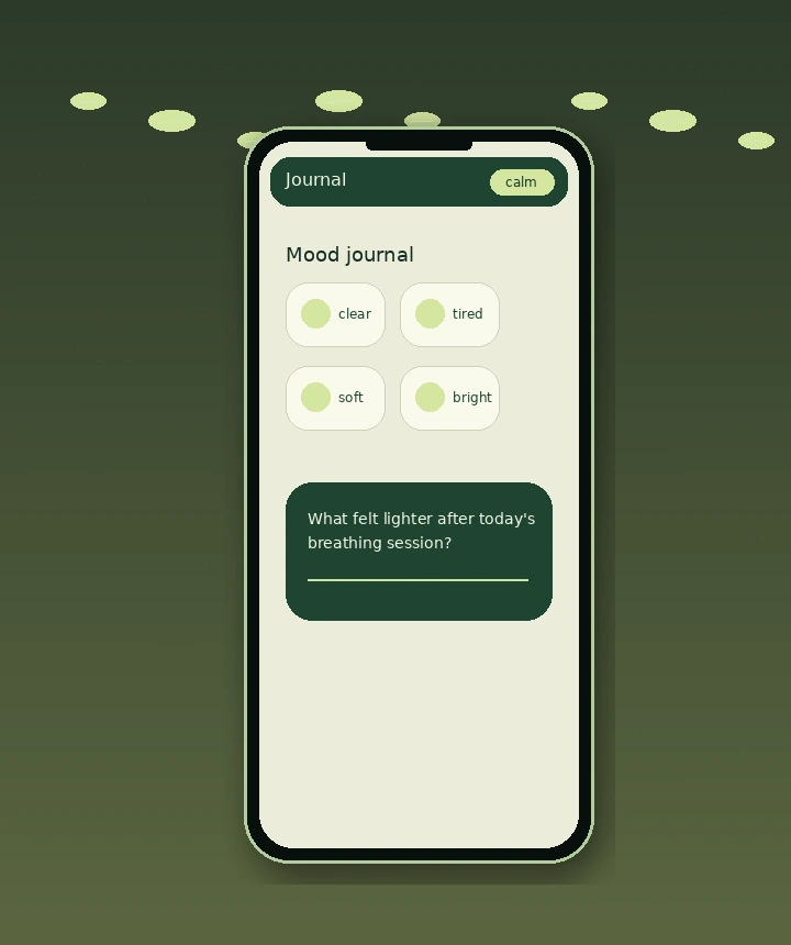 Mellow Forest mood journal screen for logging feelings after meditation.
