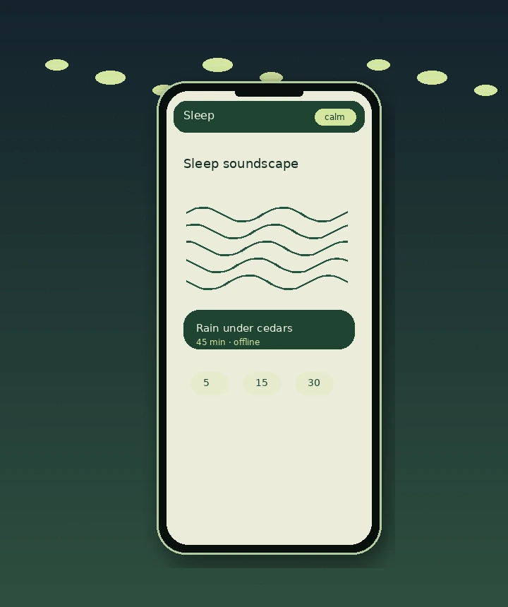 Mellow Forest sleep sounds screen with calming audio options and playback controls.